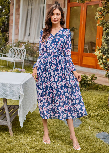 Elastic Waist Long Sleeve V-Neck Pleated Floral Midi Dress - Blue