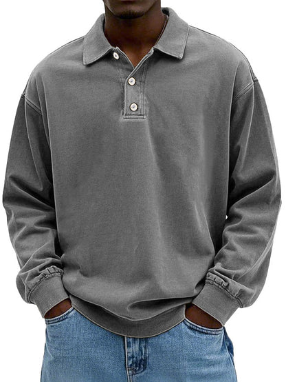 🔥Men's fashion retro washing water old cotton lapel long-sleeved polo shirt