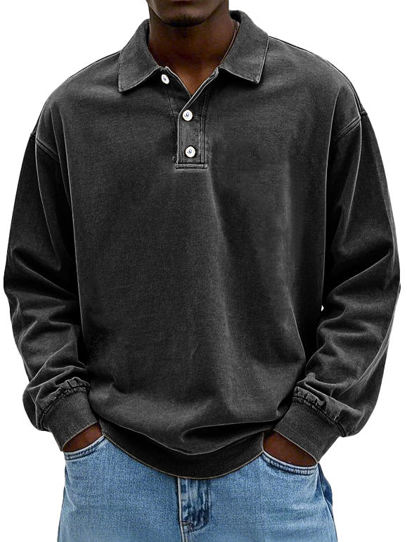 Men's Fashion Retro Washed Distressed Cotton Lapel Long Sleeve Polo Shirt