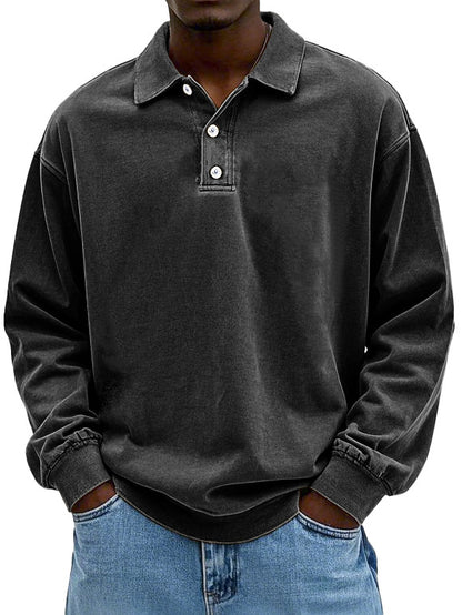 🔥Men's fashion retro washing water old cotton lapel long-sleeved polo shirt