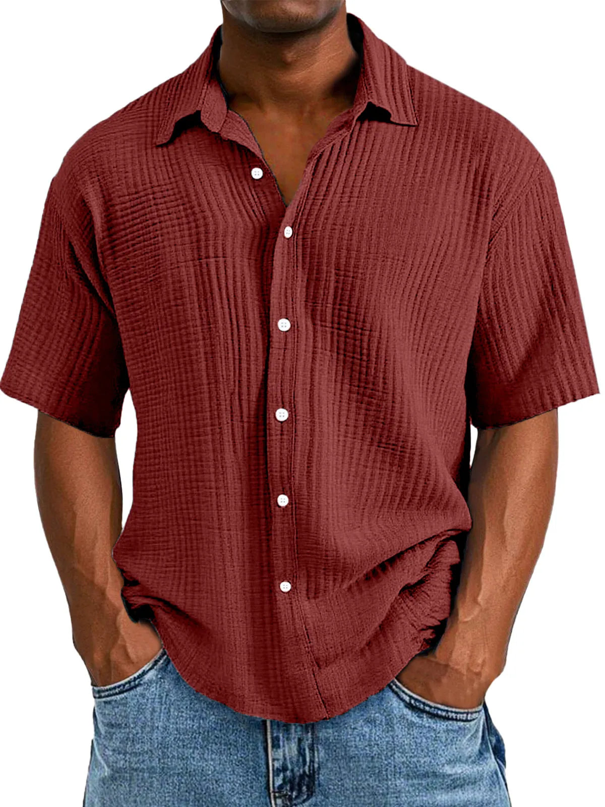 Men's Casual Loose And Comfortable Textured Short-sleeved Shirt Sold 779