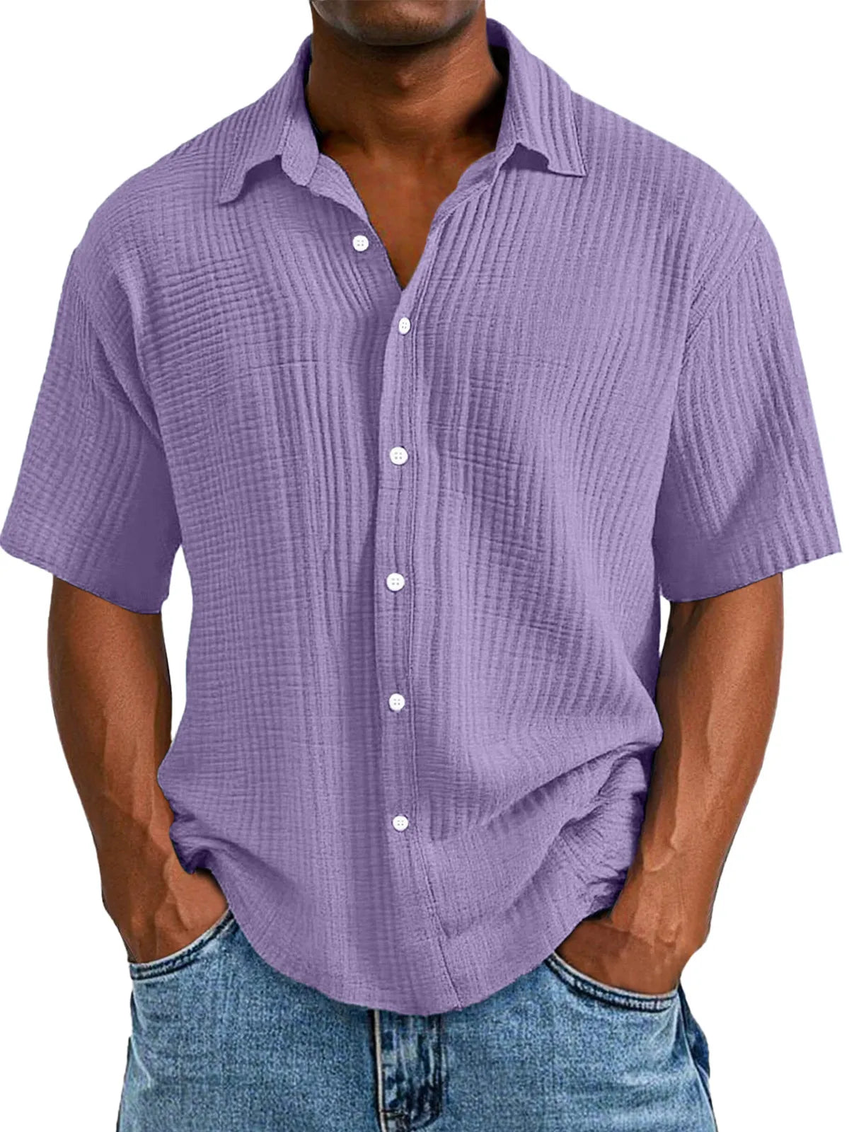 Men's Casual Loose And Comfortable Textured Short-sleeved Shirt Sold 779