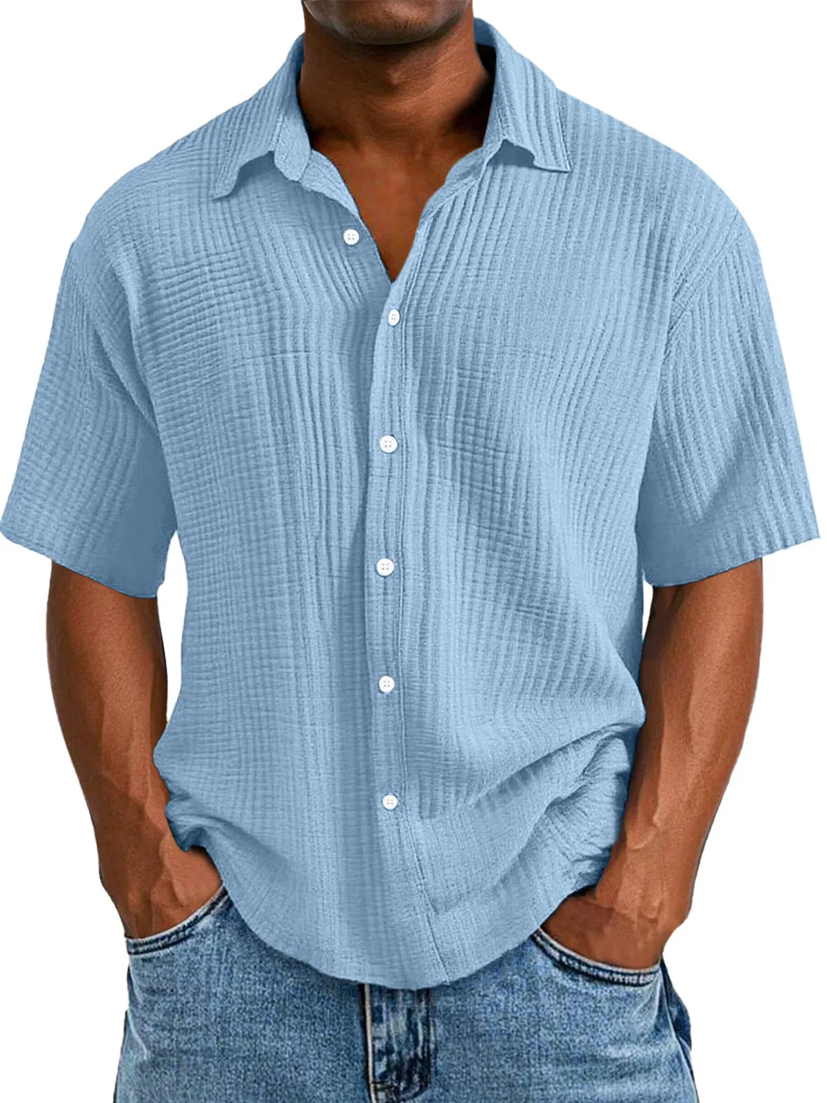 Men's Casual Loose And Comfortable Textured Short-sleeved Shirt Sold 779