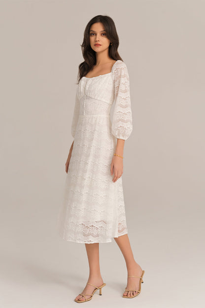 Defined Waist Lace Sleeve Square Neck Midi Dress