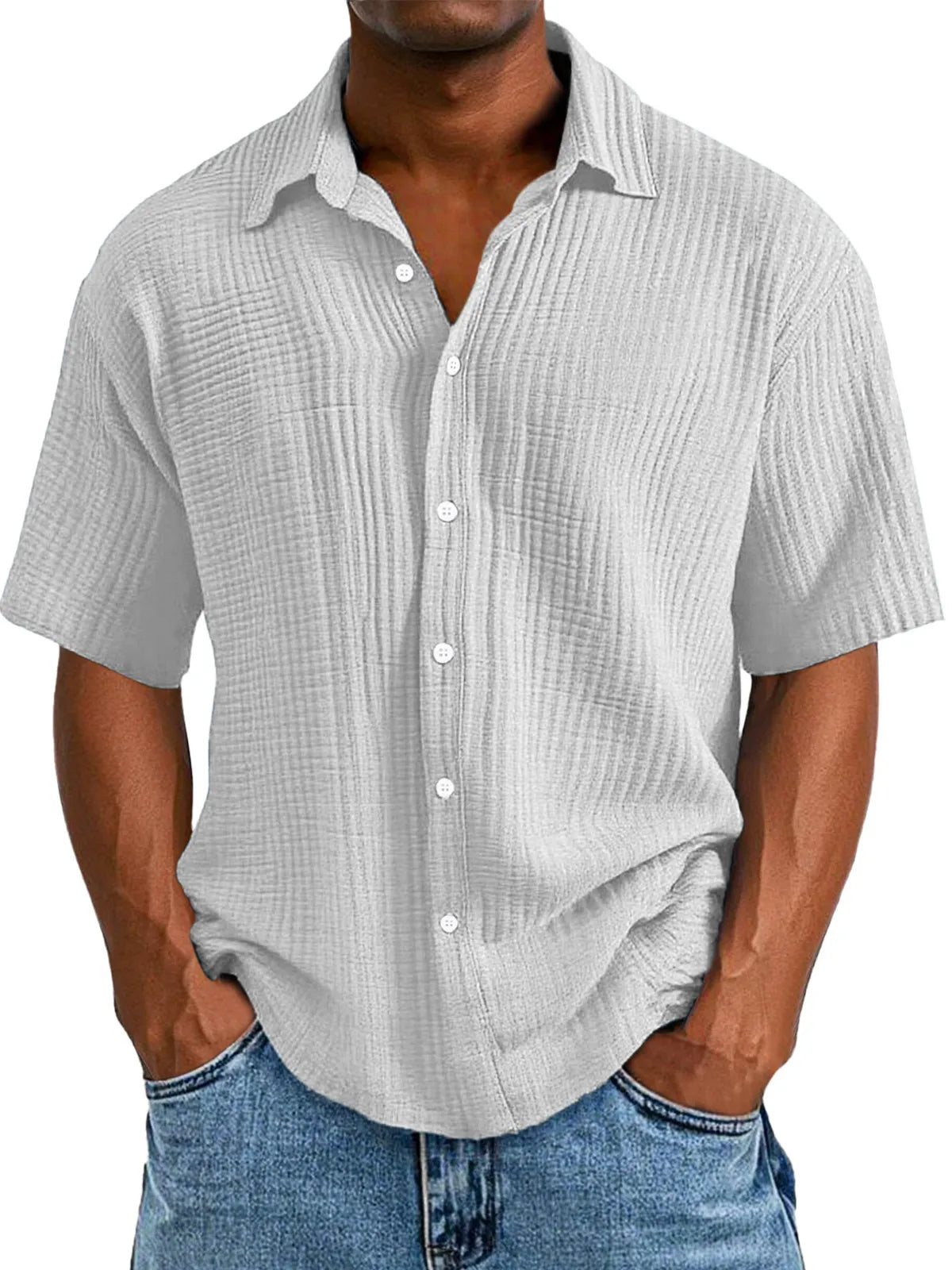 Men's Casual Loose And Comfortable Textured Short-sleeved Shirt Sold 779