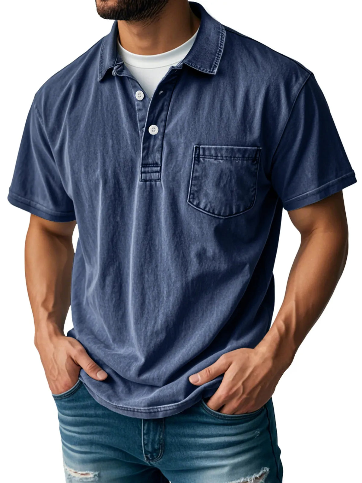 Men's Retro Lapel Button Pocket Casual Short Sleeve POLO Shirt