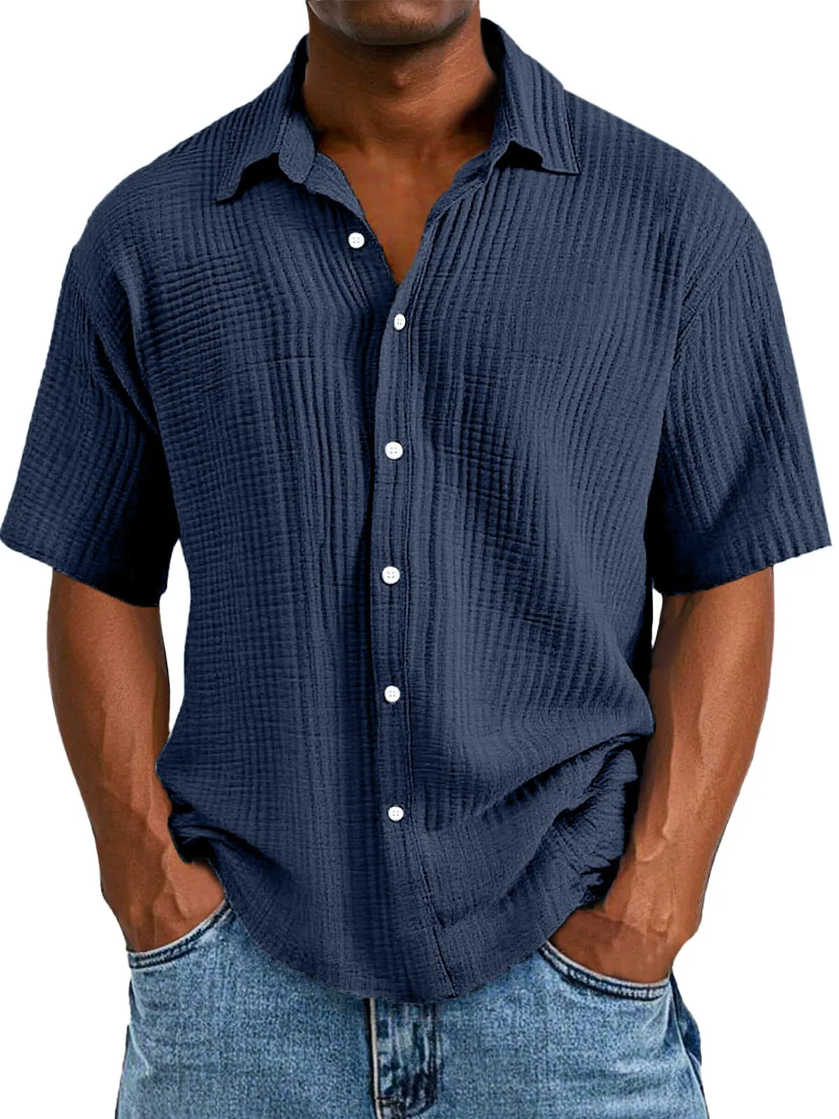 Men's Casual Loose And Comfortable Textured Short-sleeved Shirt Sold 779