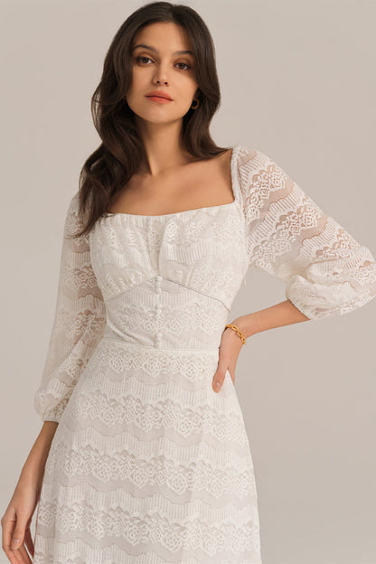 Defined Waist Lace Sleeve Square Neck Midi Dress