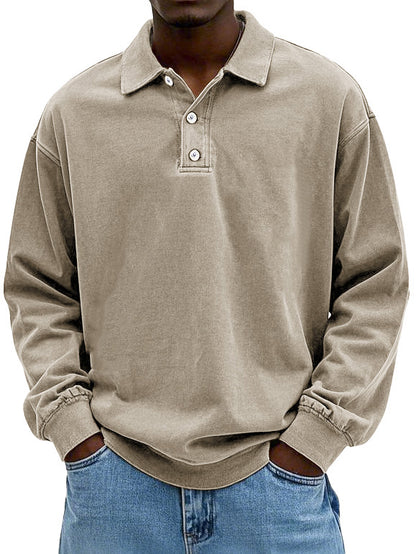 Men's Fashion Retro Washed Distressed Cotton Lapel Long Sleeve Polo Shirt