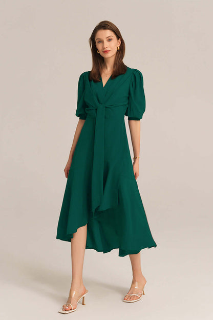 Bow-Knot Wrap Hem V-Neck 3/4 Sleeve Midi Dress - Green