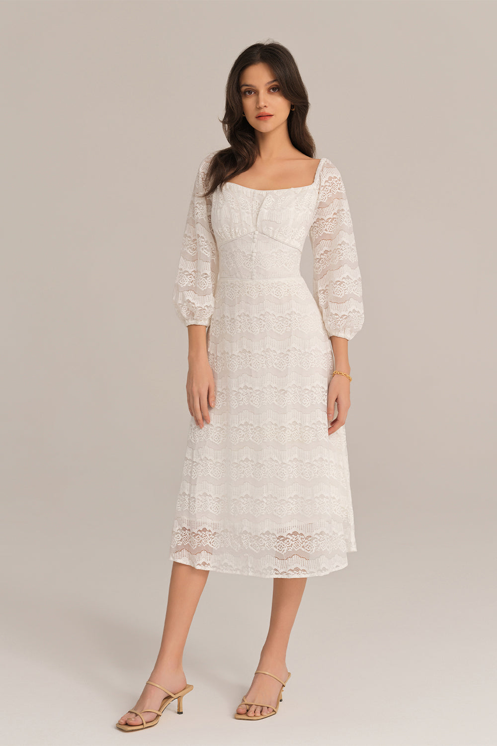 Defined Waist Lace Sleeve Square Neck Midi Dress