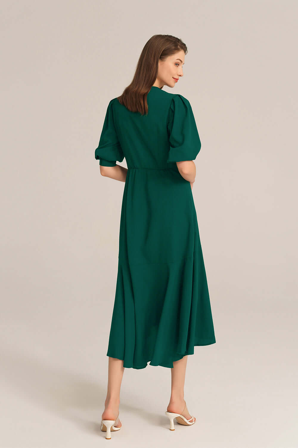 Bow-Knot Wrap Hem V-Neck 3/4 Sleeve Midi Dress - Green