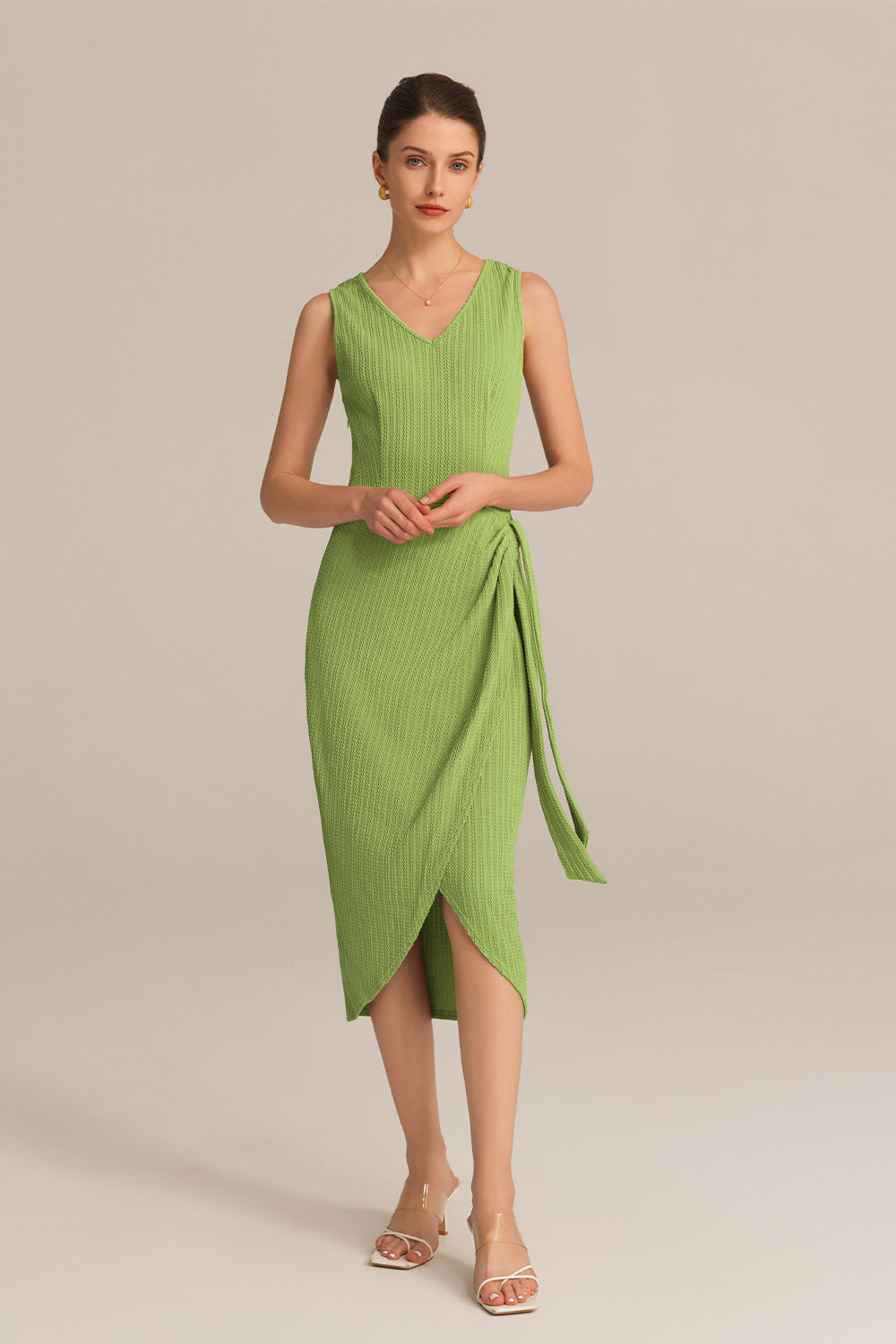 Casual V-Neck Sleeveless Wrap Hem Bodycon Dress - Green