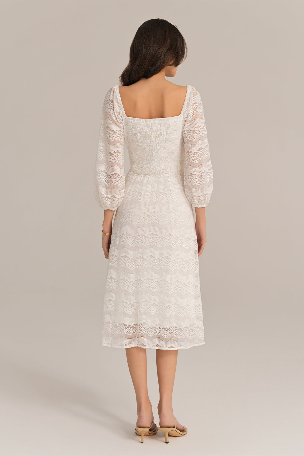 Defined Waist Lace Sleeve Square Neck Midi Dress