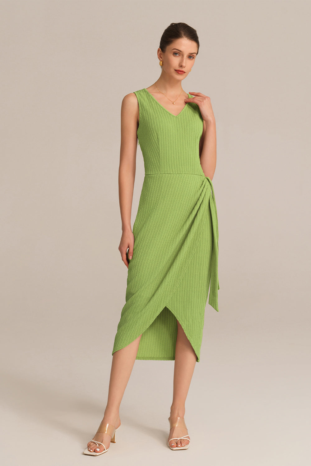 Casual V-Neck Sleeveless Wrap Hem Bodycon Dress - Green