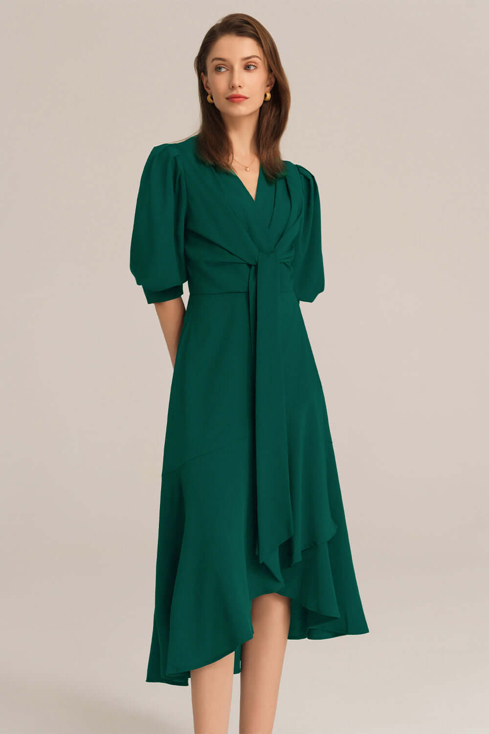 Bow-Knot Wrap Hem V-Neck 3/4 Sleeve Midi Dress - Green