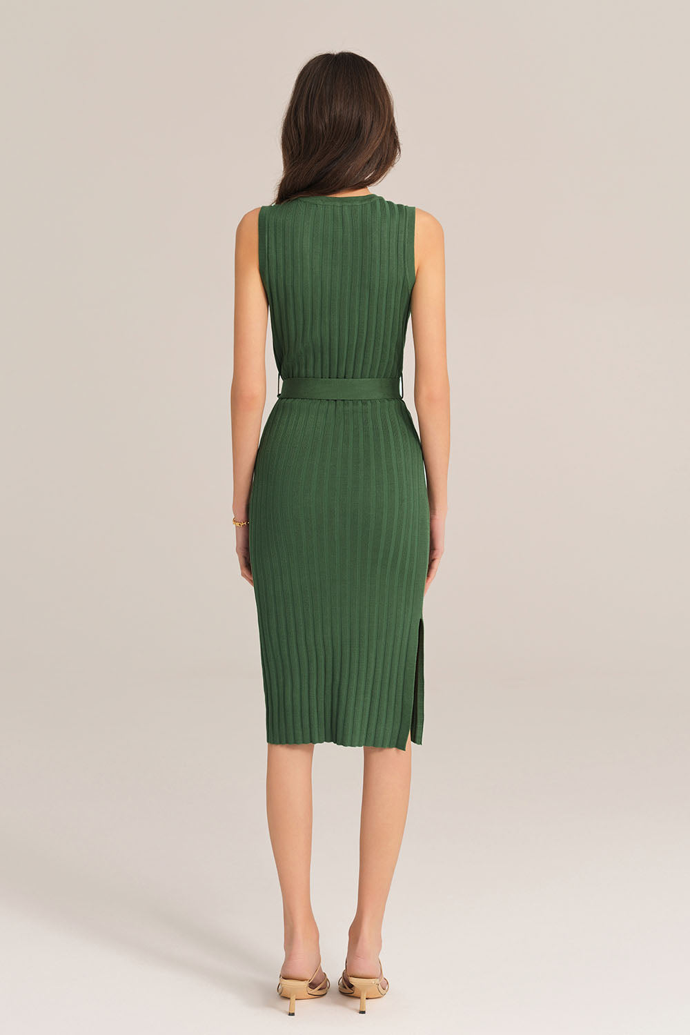 Notched Neck Sleeveless Hips-Wrapped Knitted Dress - Green