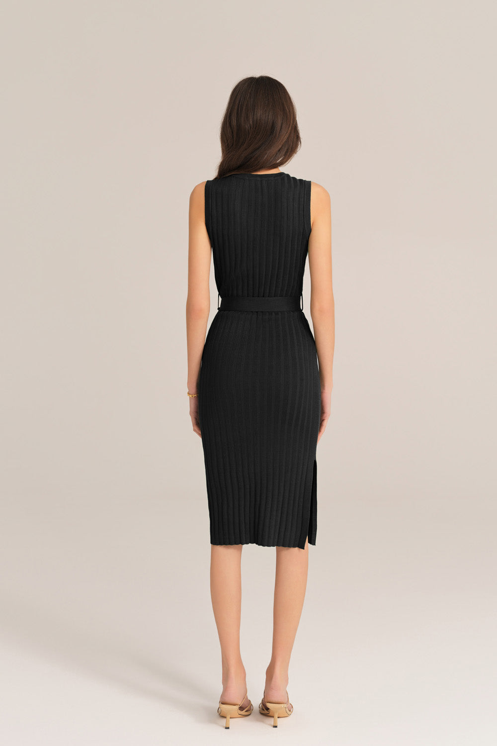 Notched Neck Sleeveless Hips-Wrapped Knitted Dress - Black