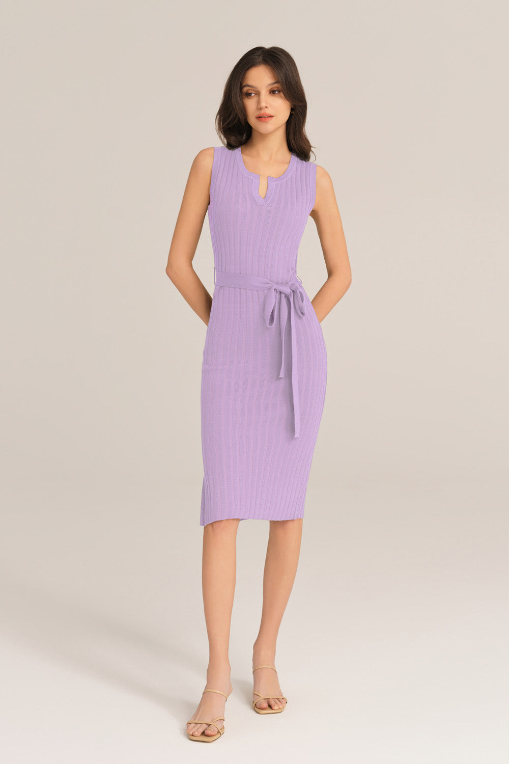 Notched Neck Sleeveless Hips-Wrapped Knitted Dress - Purple