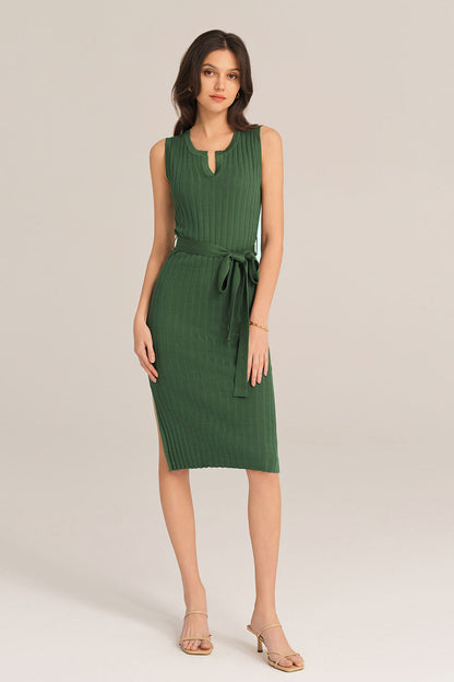 Notched Neck Sleeveless Hips-Wrapped Knitted Dress - Green