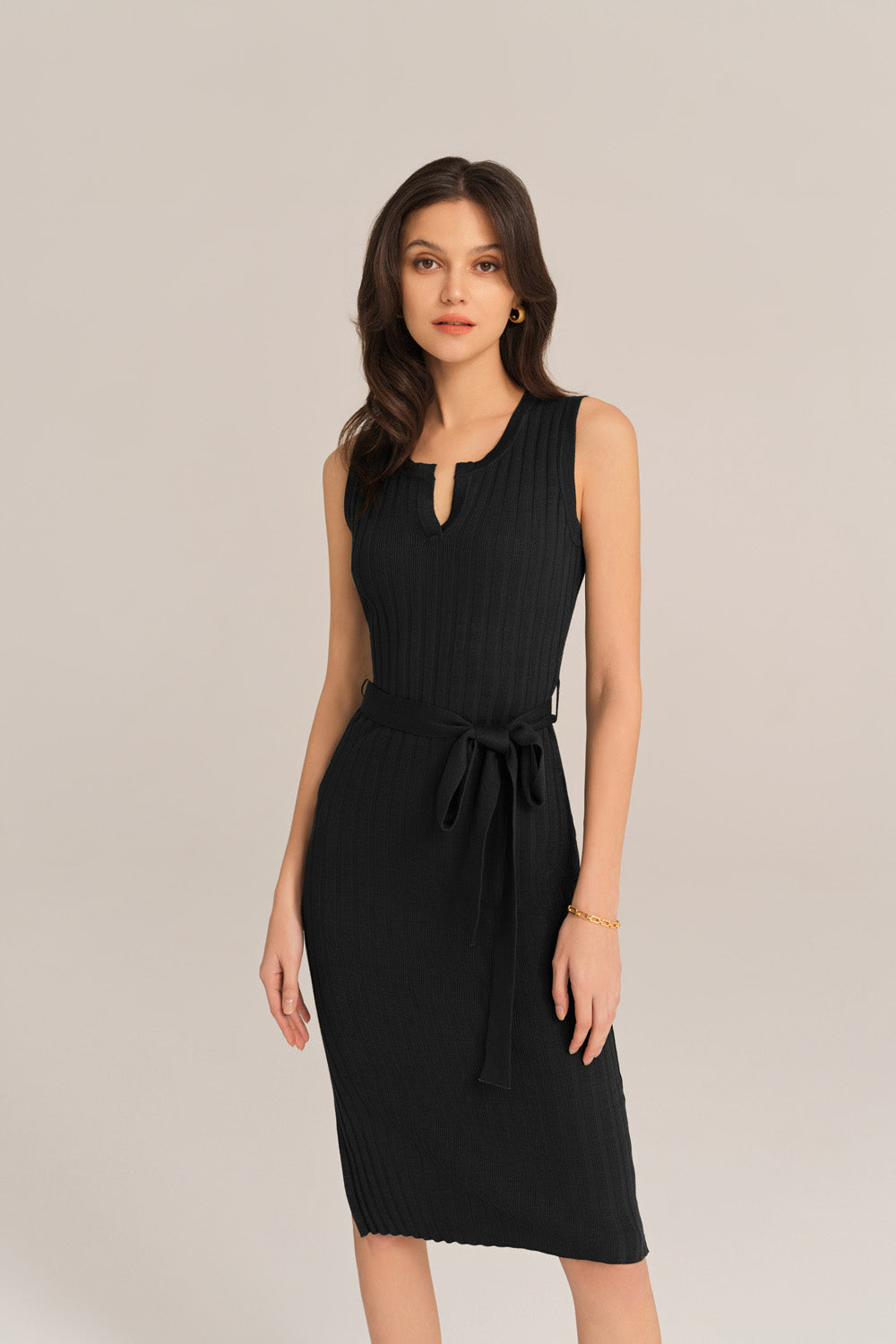 Notched Neck Sleeveless Hips-Wrapped Knitted Dress - Black