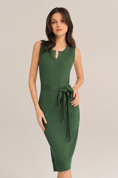 Notched Neck Sleeveless Hips-Wrapped Knitted Dress - Green