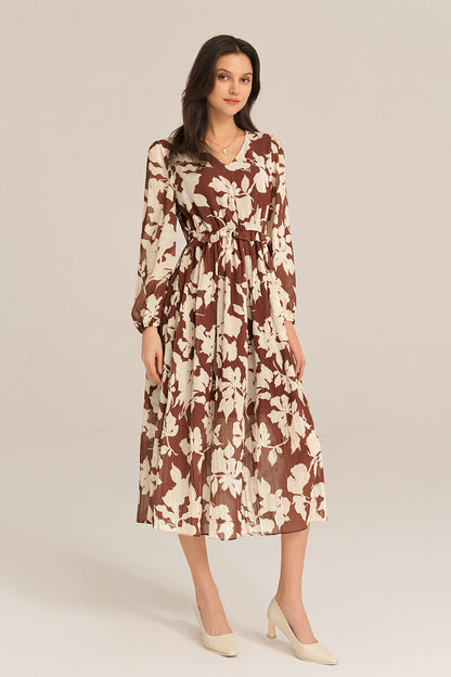 Elastic Waist Long Sleeve V-Neck Pleated Floral Midi Dress - Brown