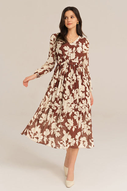 Elastic Waist Long Sleeve V-Neck Pleated Floral Midi Dress - Brown