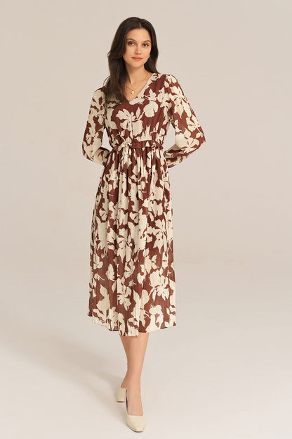 Elastic Waist Long Sleeve V-Neck Pleated Floral Midi Dress - Brown