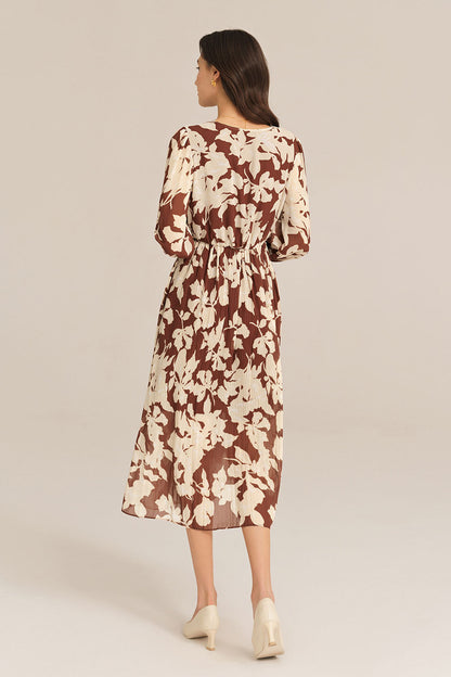 Elastic Waist Long Sleeve V-Neck Pleated Floral Midi Dress - Brown