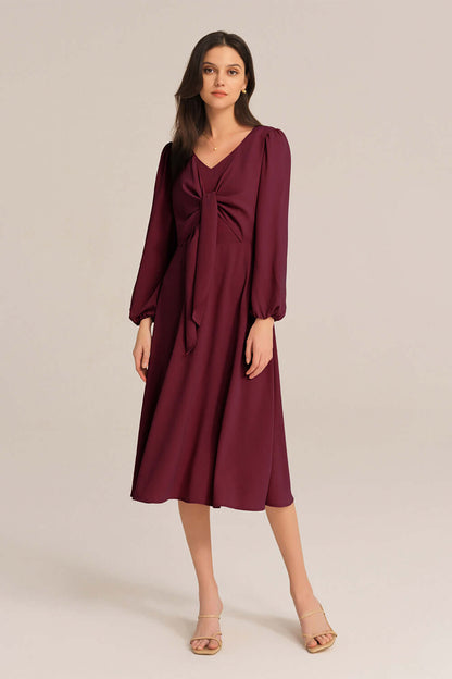 Bow-Knot Long Sleeve Elastic Waist Midi Dress - Red