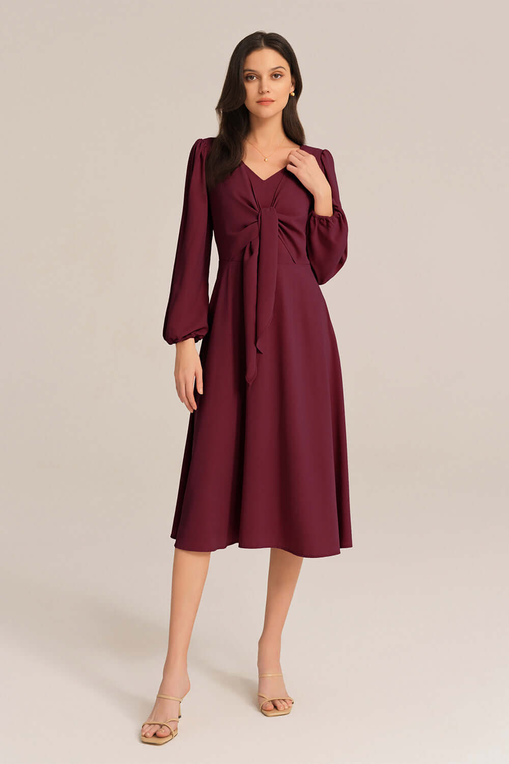 Bow-Knot Long Sleeve Elastic Waist Midi Dress - Red