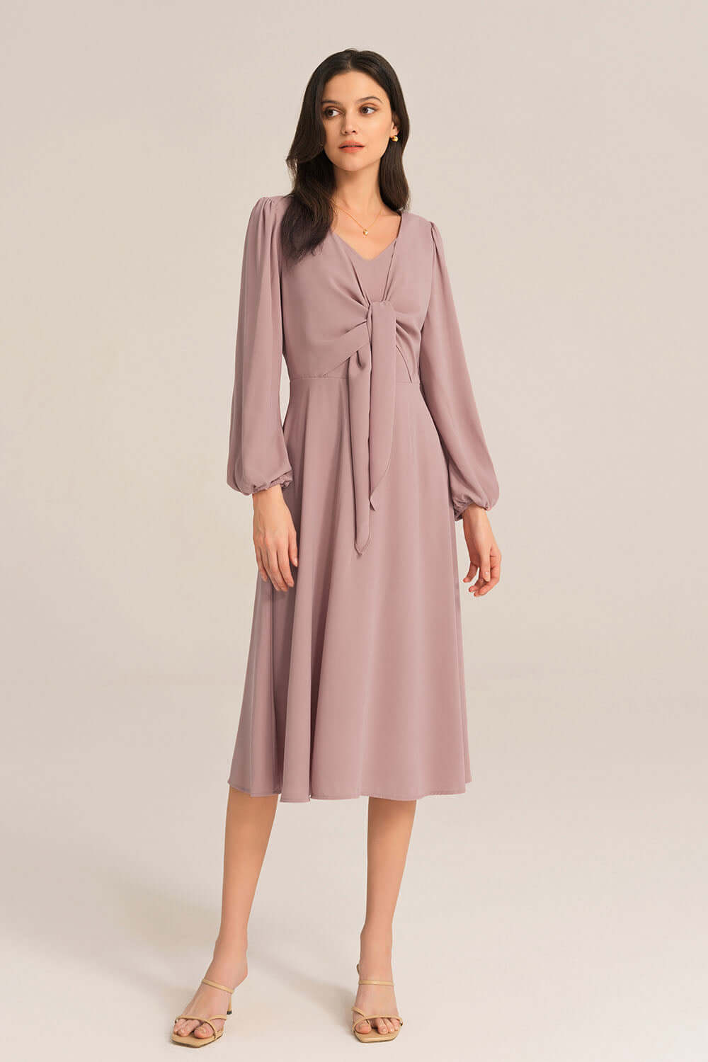 Bow-Knot Long Sleeve Elastic Waist Midi Dress - Pink