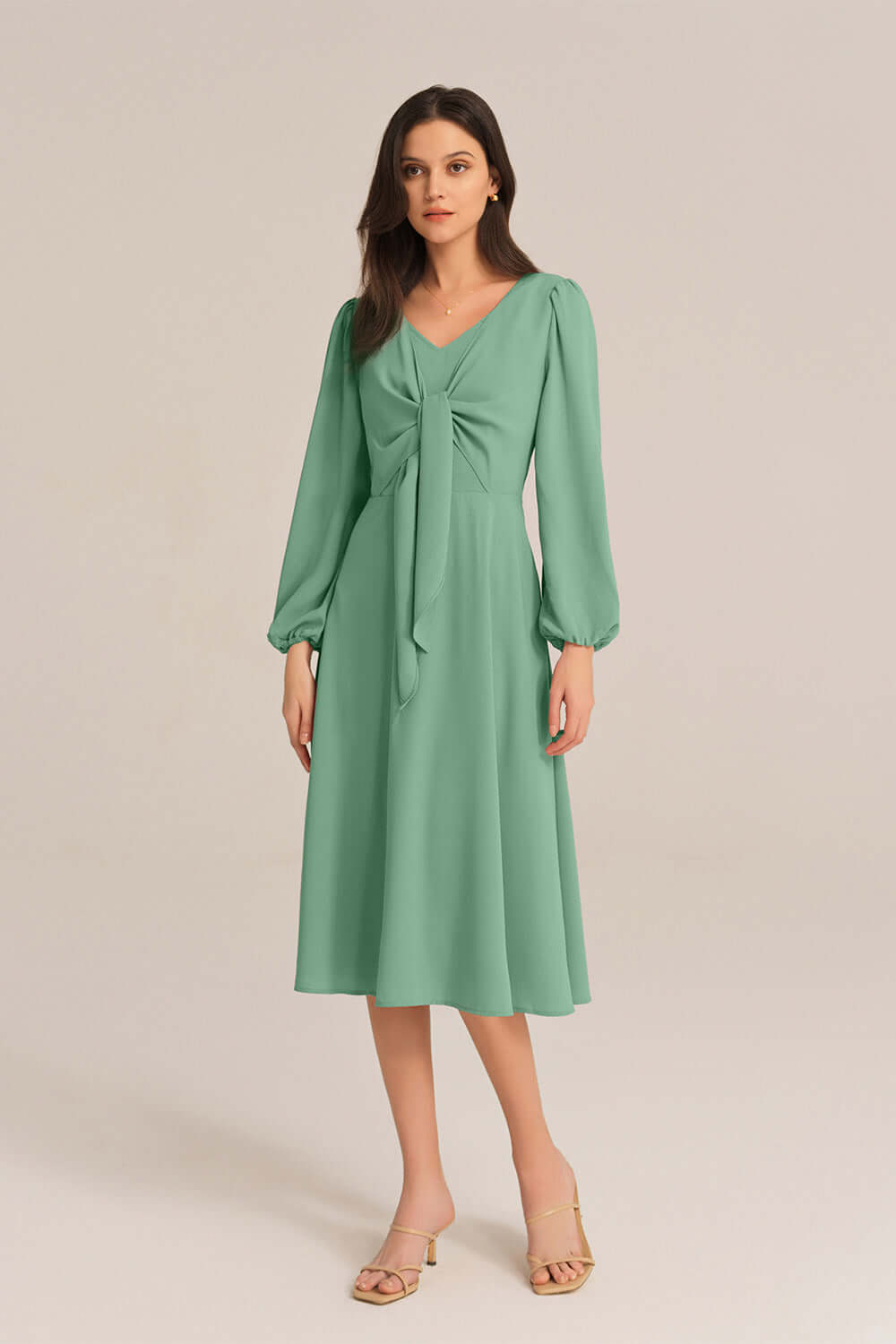 Bow-Knot Long Sleeve Elastic Waist Midi Dress - Green