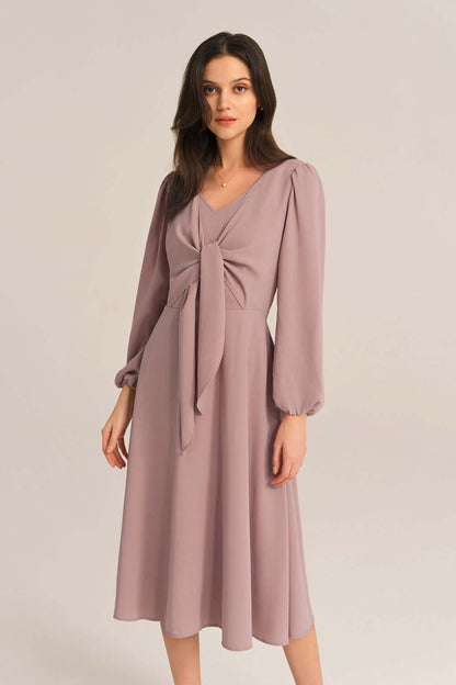 Bow-Knot Long Sleeve Elastic Waist Midi Dress - Pink