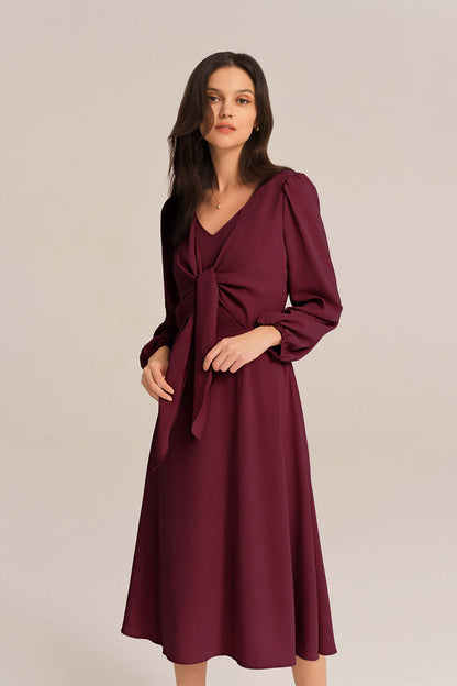 Bow-Knot Long Sleeve Elastic Waist Midi Dress - Red