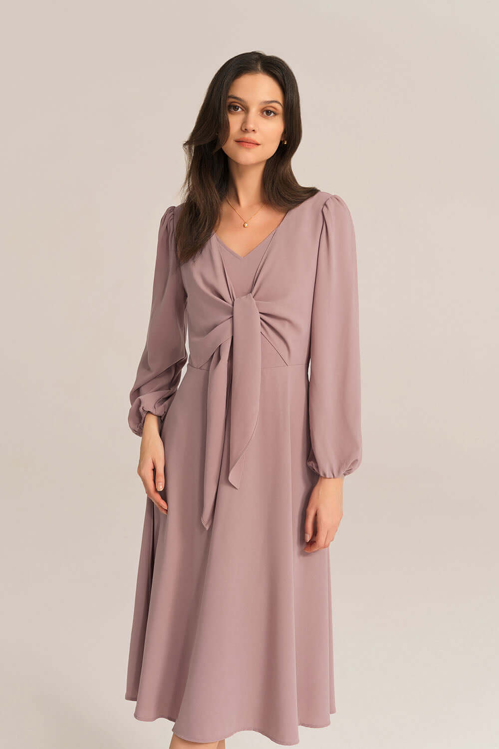 Bow-Knot Long Sleeve Elastic Waist Midi Dress - Pink