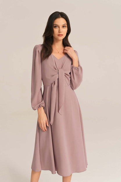 Bow-Knot Long Sleeve Elastic Waist Midi Dress - Pink