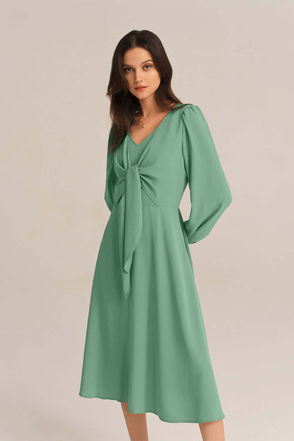 Bow-Knot Long Sleeve Elastic Waist Midi Dress - Green