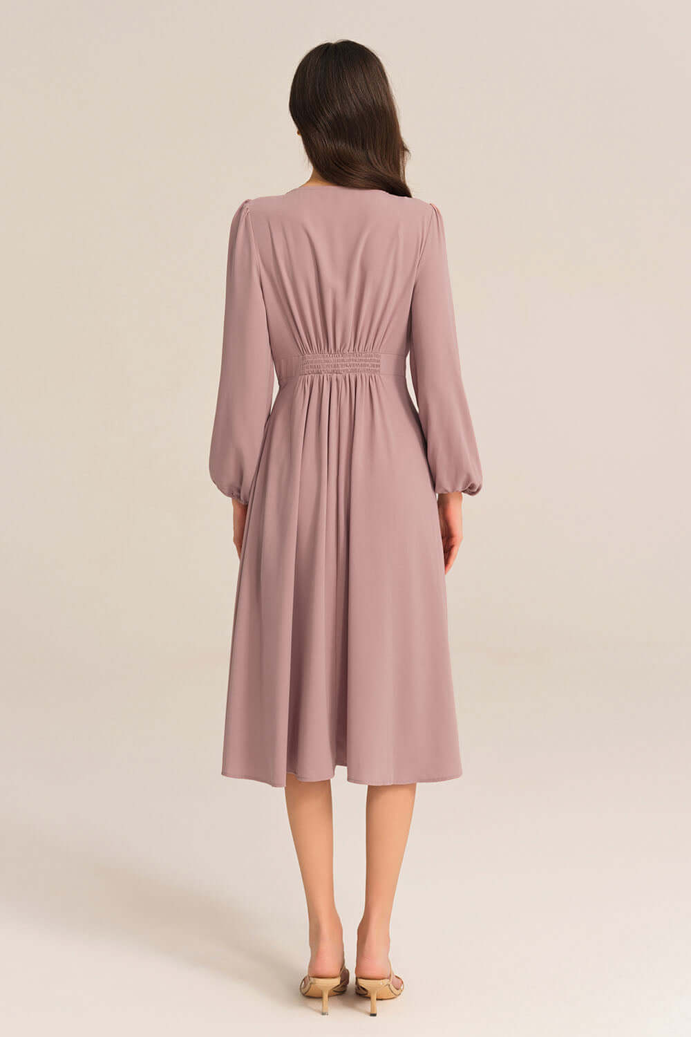 Bow-Knot Long Sleeve Elastic Waist Midi Dress - Pink