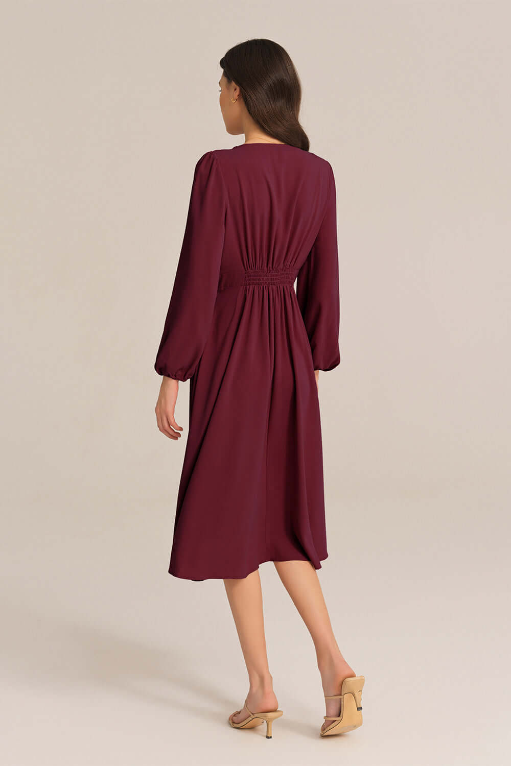 Bow-Knot Long Sleeve Elastic Waist Midi Dress - Red