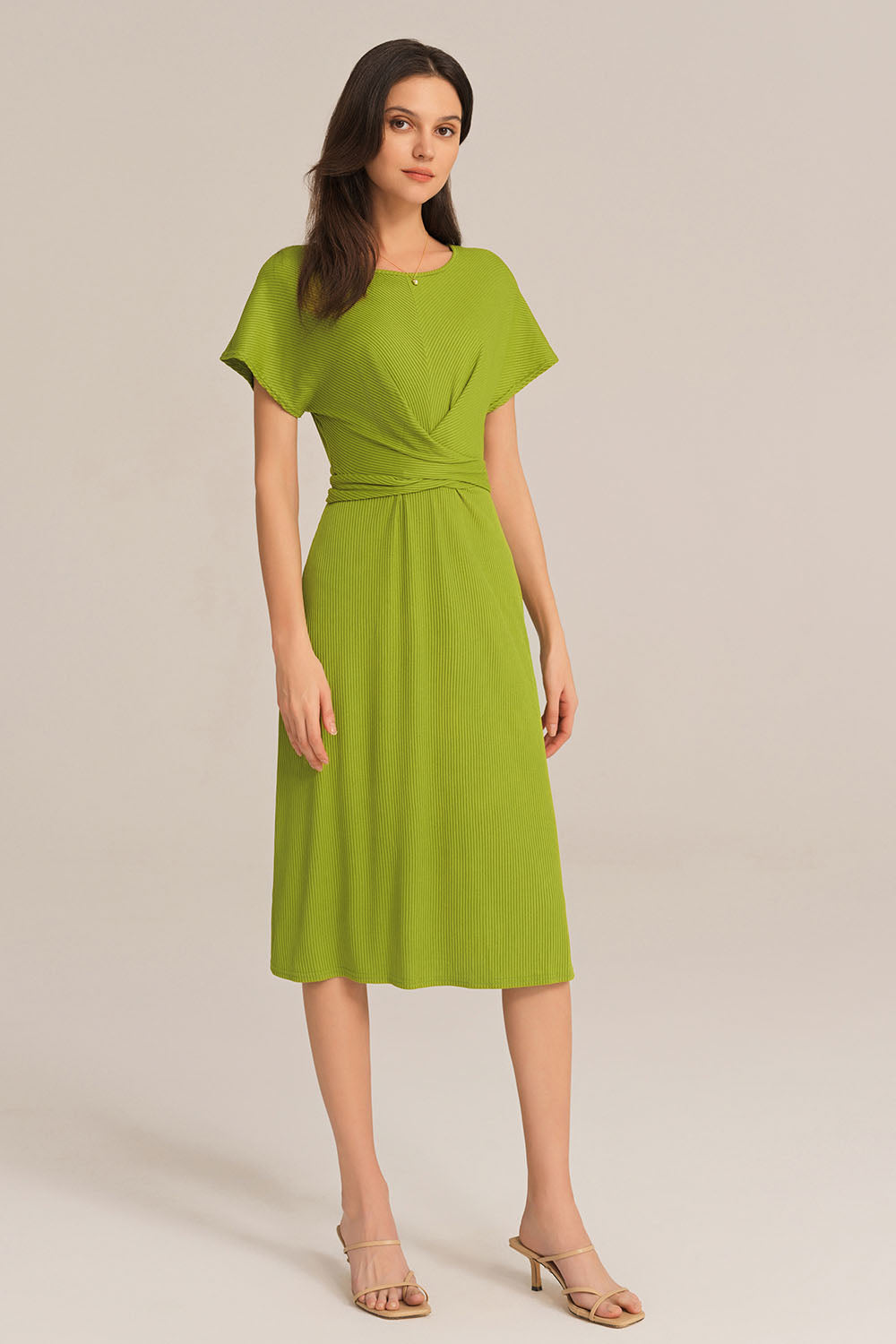 Short Sleeve Round Neck Belted A-Line Dress - Green