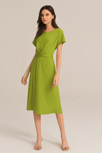 Short Sleeve Round Neck Belted A-Line Dress - Green