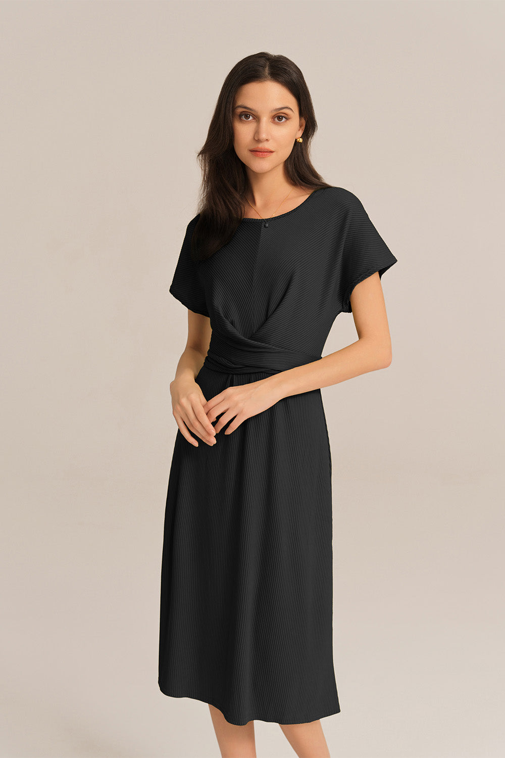 Short Sleeve Round Neck Belted A-Line Dress - Black