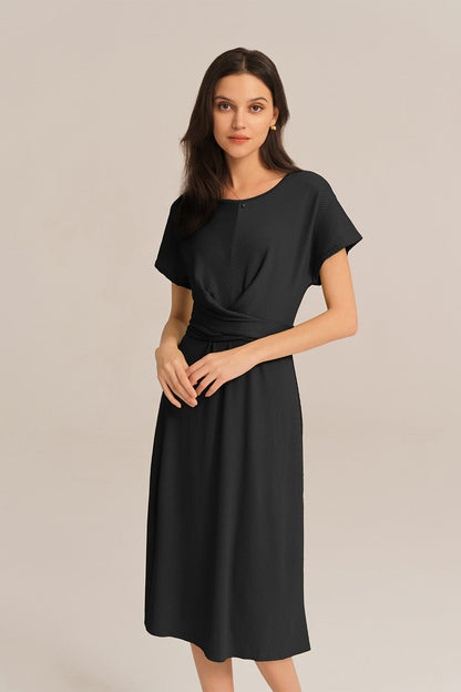 Short Sleeve Round Neck Belted A-Line Dress - Black