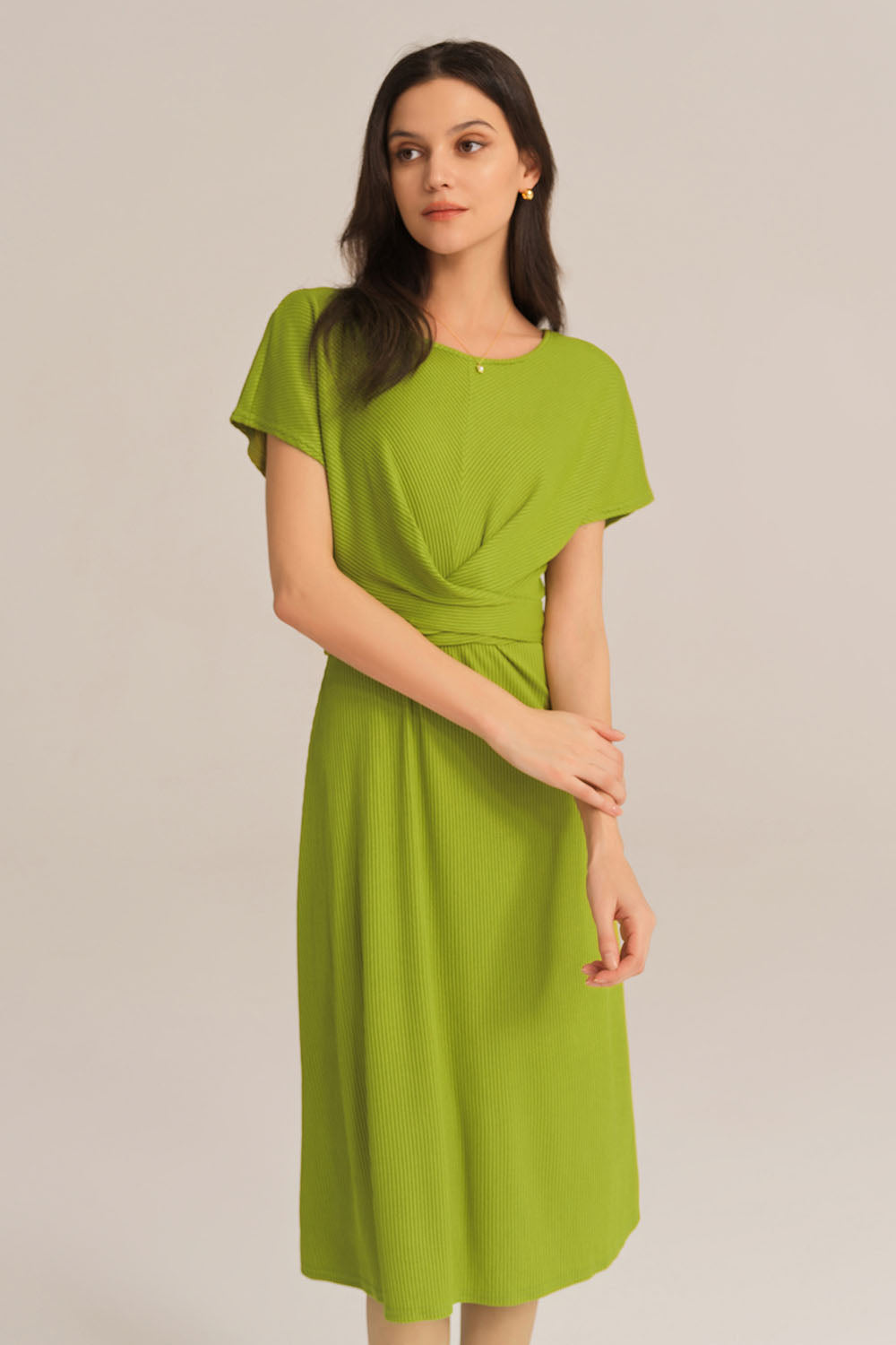 Short Sleeve Round Neck Belted A-Line Dress - Green