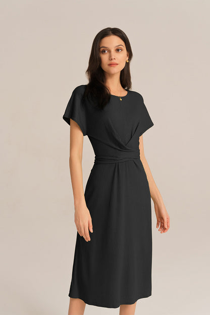 Short Sleeve Round Neck Belted A-Line Dress - Black