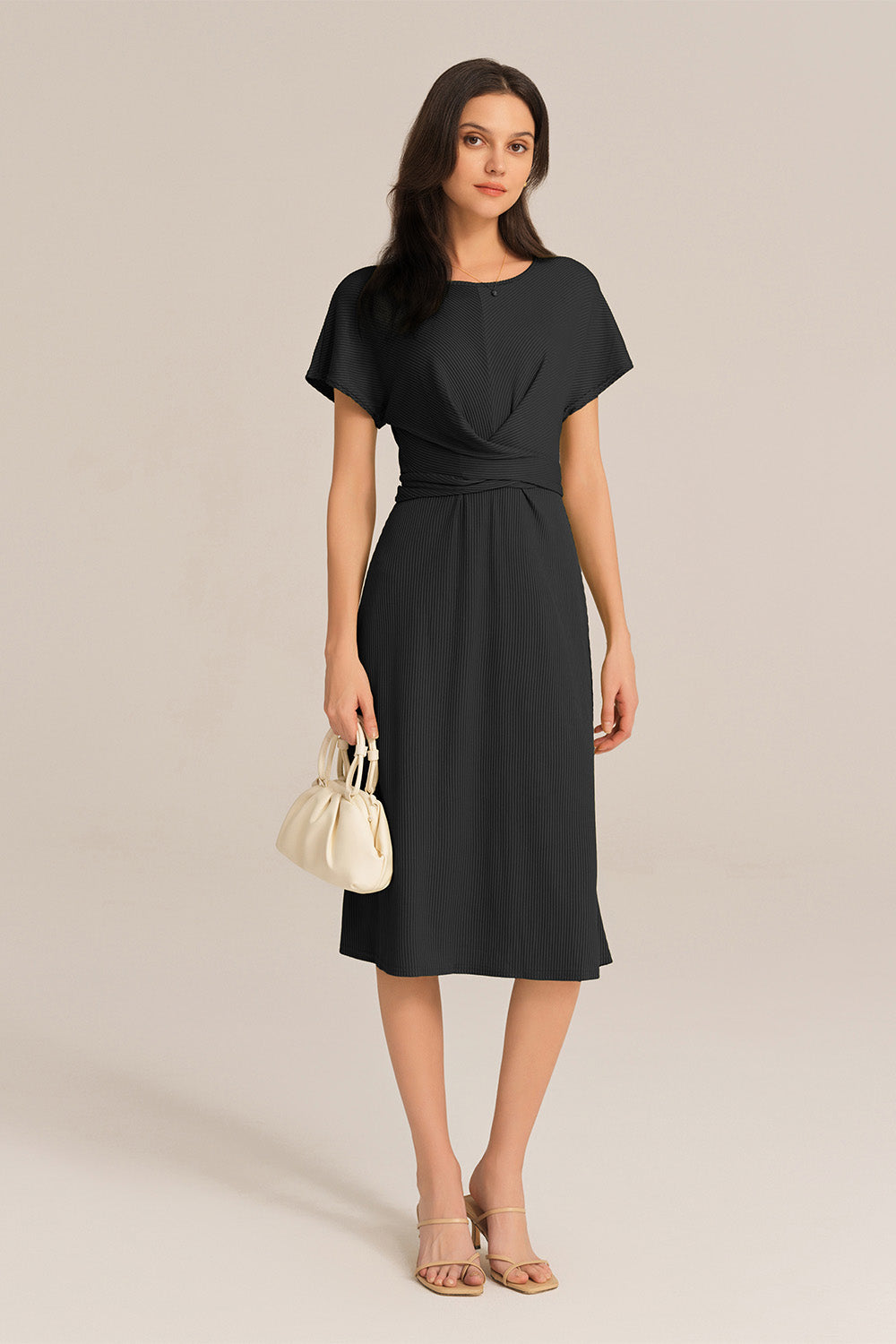 Short Sleeve Round Neck Belted A-Line Dress - Black