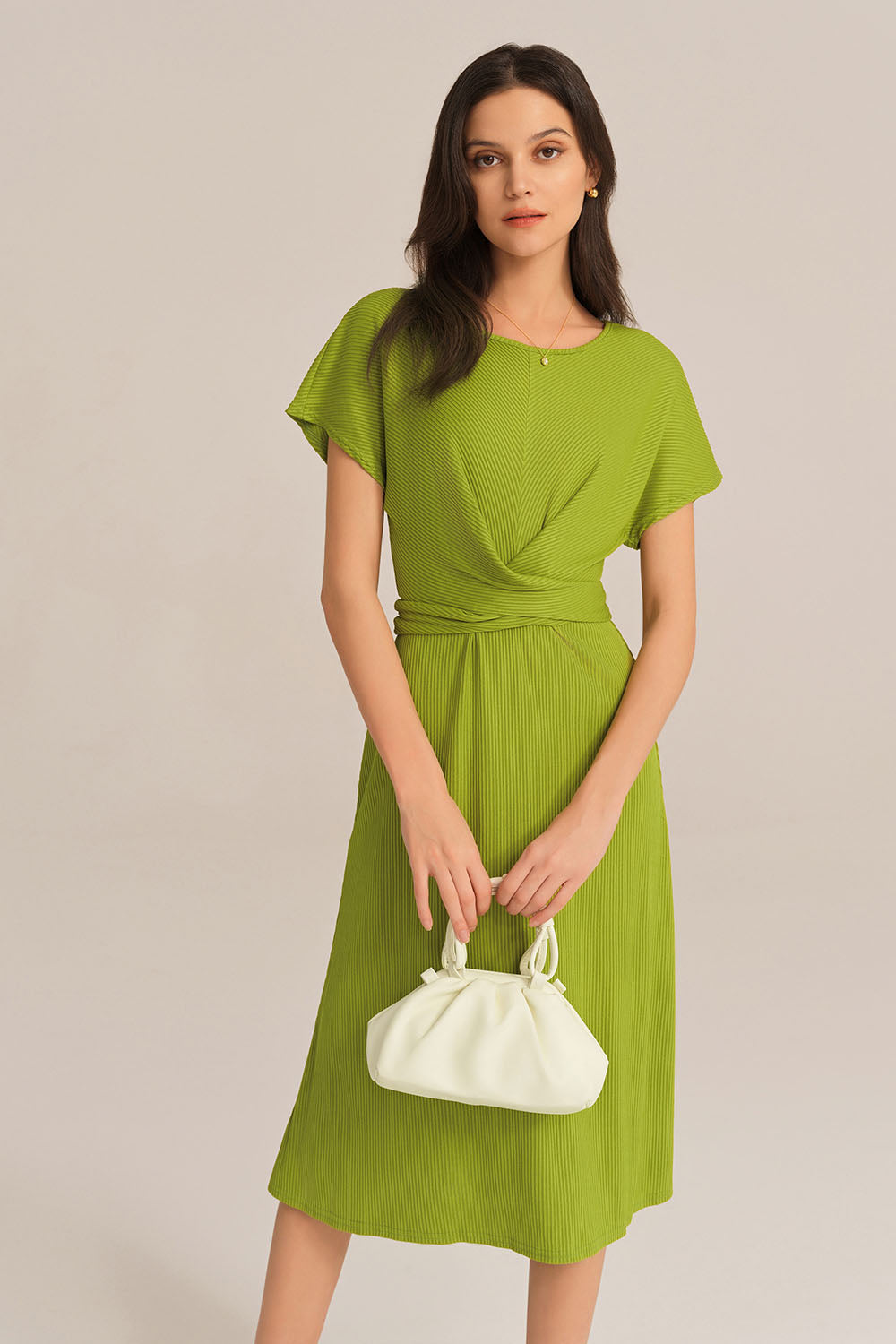 Short Sleeve Round Neck Belted A-Line Dress - Green