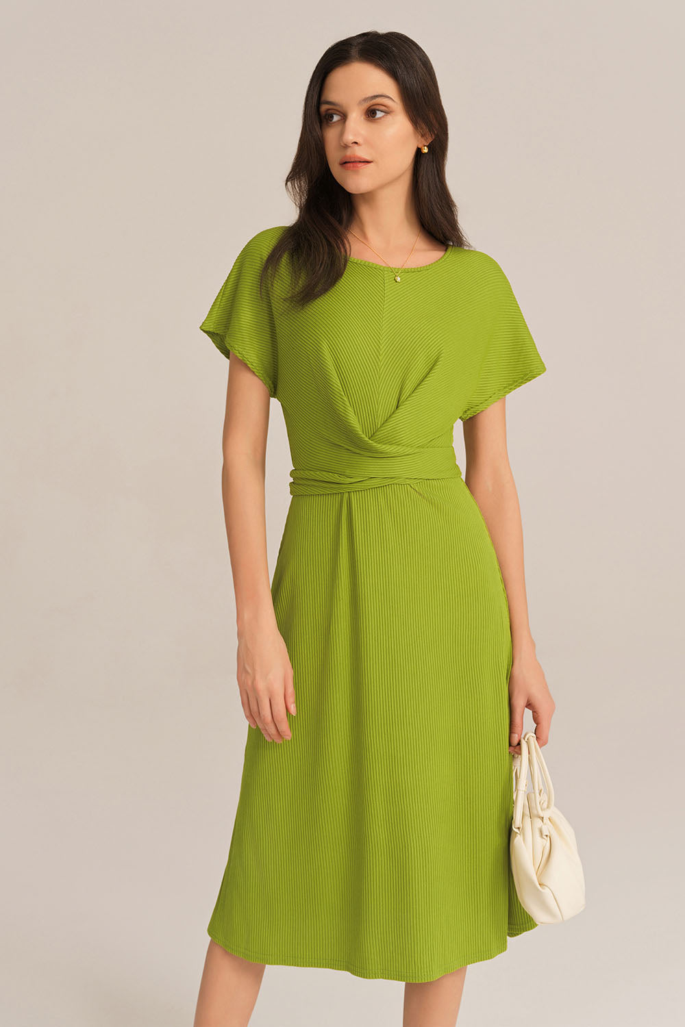 Short Sleeve Round Neck Belted A-Line Dress - Green